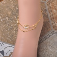 Copper Jewelry Anklets Gold-color Rose Flower Ankle Bracelet Cheville Beads Barefoot Sandals Women Girls Foot Fine Jewelry