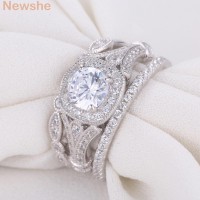 Newshe 2 Ct Round Cut AAA CZ Solid 925 Sterling Silver Triple Wedding Ring Sets Engagement Band Gift Jewelry For Women Size 5-12